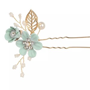 Beautiful Bridesmaid Soft Sage Green with Gold Pearl and Diamante Wedding Flower Hair Pin image 2