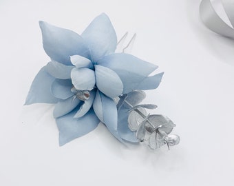 Beautiful Bridesmaid Dusky Dusty Powder Blue with Silver Leaf Wedding Flower Hair Pin