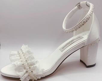 Stunning Ivory Satin Lace, Pearl and Diamante Embellished Wedding Sandals.  Diamante Block Heels, Open Fronted with Diamante Ankle Strap.