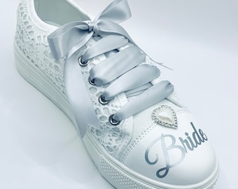 Simply Beautiful Diamanté, Pearl and White Lace Cut Out Bridal Trainers Sneakers Pumps