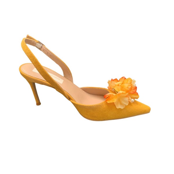 Stunning Sunflower Yellow and Orange Flower with Pearl Embellished Bridal Wedding Shoes in a Soft Suede Style Finish