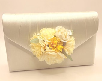 Stunning Butter Milk Cream with Sunshine Yellow and Cream Flowers Wedding Clutch Bag