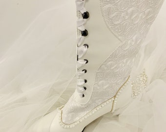 Simply Beautiful Ivory/White Lace Inset with Pearl and Diamante Victorian Vintage Bridal Boots
