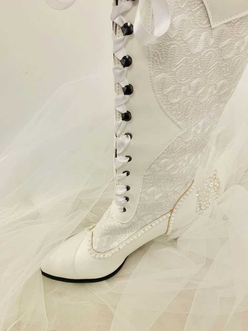 Simply Beautiful Ivory/White Lace Inset with Pearl and Diamante Victorian Vintage Bridal Boots image 1