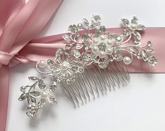 Simply Beautiful Large Silver with Crystal and Pearl Bridal Hair Comb
