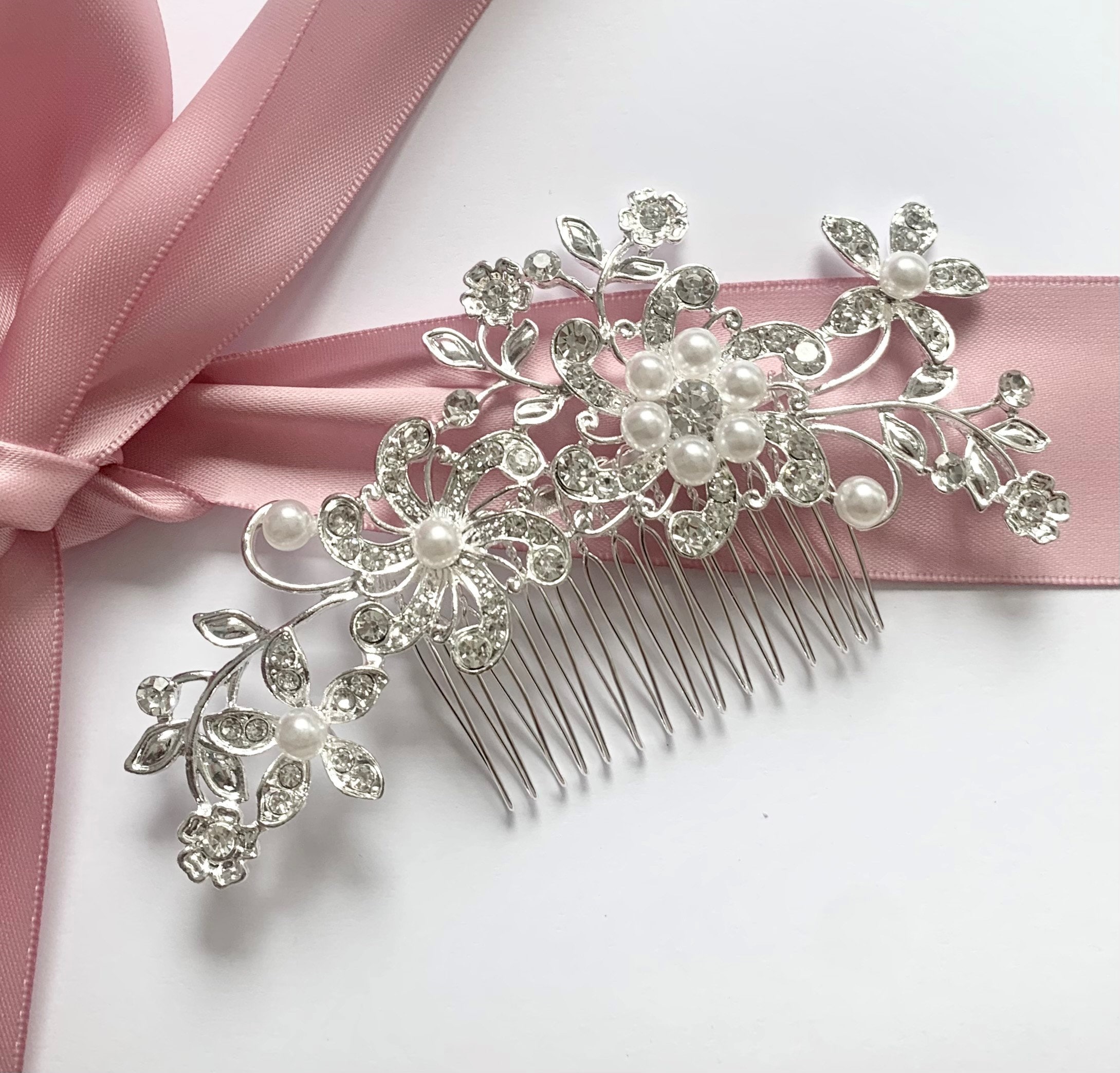 Crystal Pearl Bridal Hair Comb: Large Silver Wedding Hair 
