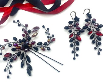 Simply Beautiful Black and Red Crystal Bridal Hair Pin and and Matching Earrings