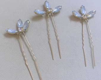 Beautiful Bridesmaid Dusky Soft Blue Opal with Gold and Diamante Wedding Flower Hair Pin