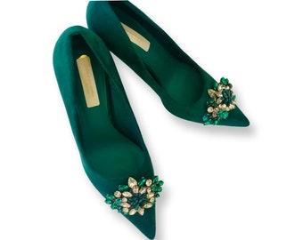 Stunning Green Embellished Bridal Wedding Shoes in a Soft Velvet Style Finish