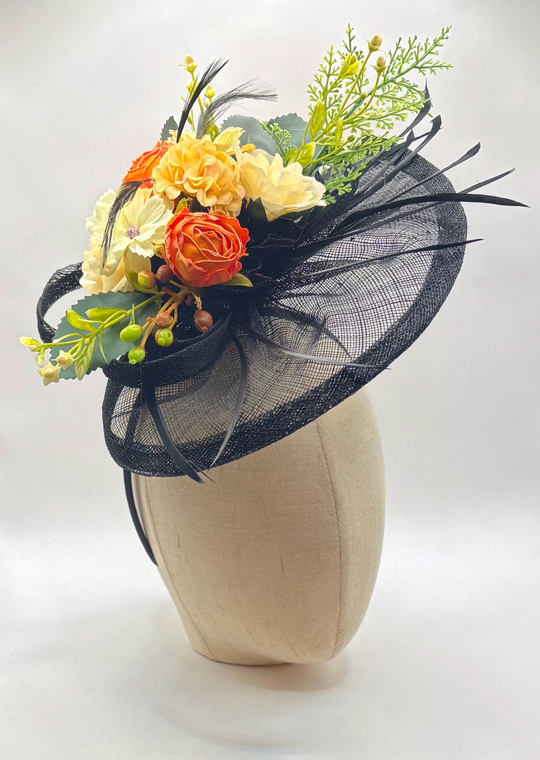 Black Sinamay Fascinator Hat with Lime Green and Yellow Floral Accents Black and Lime Green Hatinator - Etsy UK main image 3