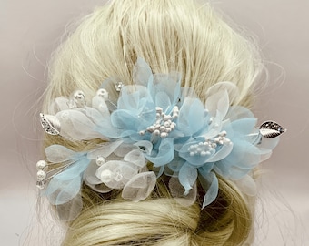 Beautiful Stunning Bridesmaid Powder Blue Aqua with Silver Leaf and Pearl Wedding Hair Pin Clip