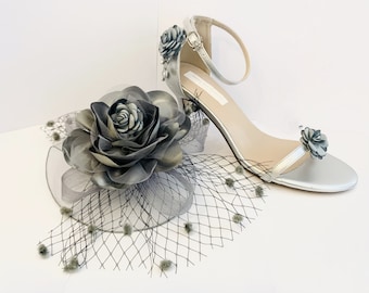 Stunning Hand Finished Silver Sandals with Co-ordinating Silver Grey Wedding Bridal Fascinator Hat