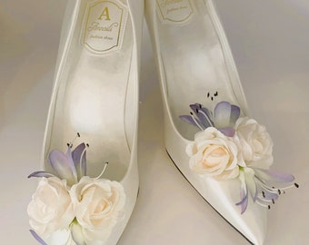 Simply Beautiful Hand Finished Flower Embellished Ivory and Lilac Lavender Satin Bridal Shoes