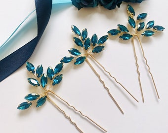 Simply Stunning Gold with Teal Blue Turquoise Lake Blue Diamante Bridal Hair Pin