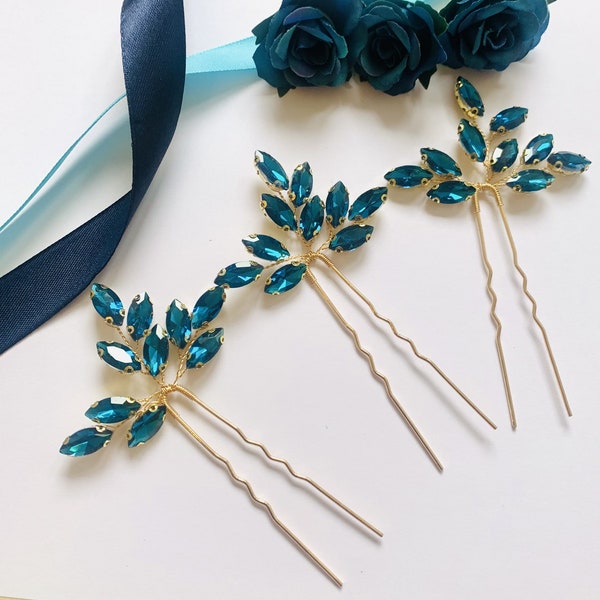 Simply Stunning Gold with Teal Blue Turquoise Lake Blue Diamante Bridal Hair Pin