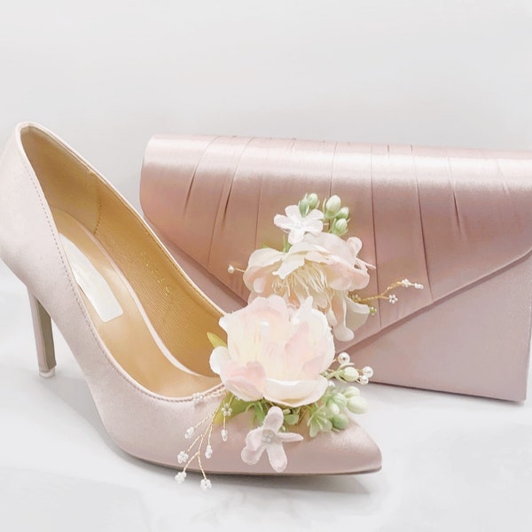 Stunning Hand Finished Spring Flowers with Pearls in Baby Pink, Dusty Dusky Pink Satin Bridal Wedding Shoes & Co-ordinating Clutch Bag