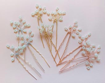 Forcine per capelli da sposa in gypsophila di perle: oro, argento, oro rosa - Set da 3