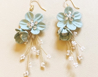 Beautiful Bridesmaid Sage Green with Gold Pearl and Diamante Wedding Flower Earrings