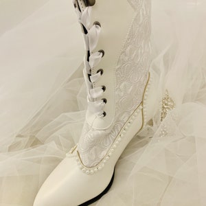 Simply Beautiful Ivory/White Lace Inset with Pearl and Diamante Victorian Vintage Bridal Boots image 2