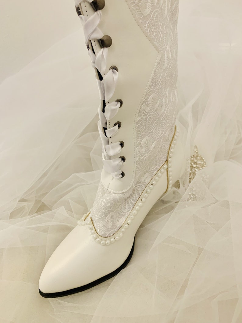 Simply Beautiful Ivory/White Lace Inset with Pearl and Diamante Victorian Vintage Bridal Boots image 2