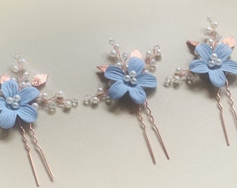 Beautiful Bridesmaid Soft Blue with Rose Gold Copper and Pearl Diamante Wedding Flower Hair Pin