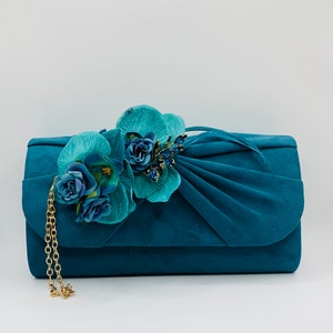 Atemberaubende Türkis Teal See Blau Pfau Orchidee Mischblume Verzierte Braut Hochzeit Clutch Tasche mit Gold Kette