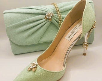 Stunning Hand Finished Mint Green Glitter Flower Feature Heel Shoes with Mint Green Soft Finish Co-ordinating Clutch Bag Set