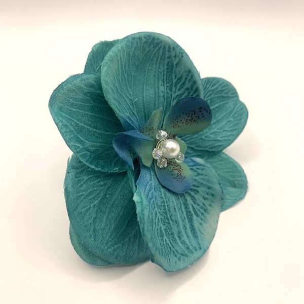 Épingle à cheveux fleur de mariée Simply Beautiful feuille d'orchidée bleu turquoise avec perles et strass