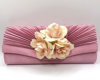 Bridal Satin Clutch: Dusky Pink Wedding Bag with Cream Roses
