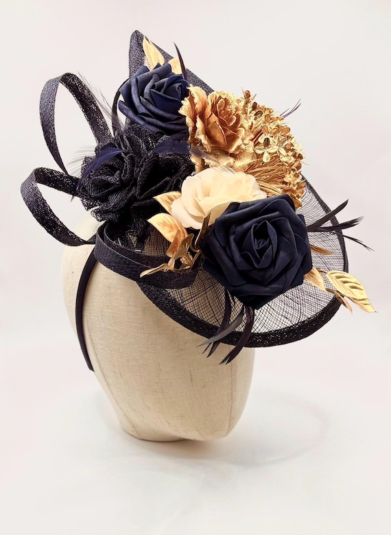 Derby headband!! Navy Blue and White with rose and gold accents White Derby Hat, Navy, Pink Derby Hat, Wedding Hat - Etsy main image 3