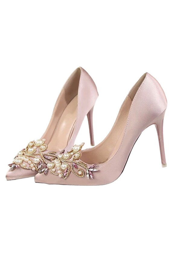 Stunning Embellished Satin Soft Pink Wedding Shoes