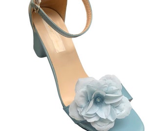 Sky Blue Flower Bridal Sandals: Ankle Strap Block Heel