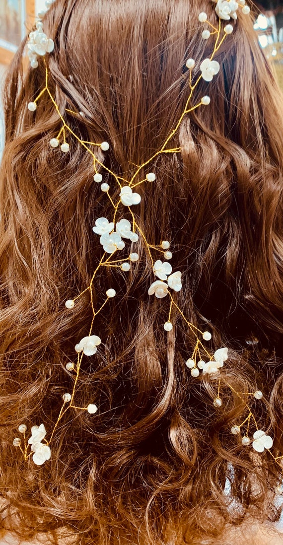 Simply Beautiful Gold With White Pearl Flowers 100cm Hair 