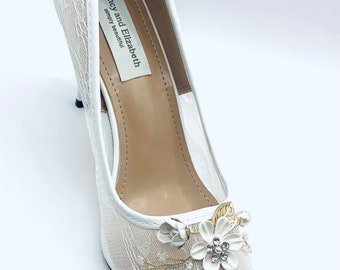 Simply Stunning Pale Cream Ivory Lace with Gold and Pearls Bridal Shoe