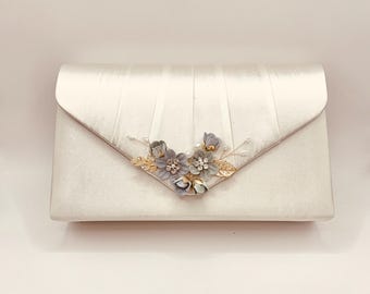 Ivory Satin Wedding Clutch: Powder Blue Flowers, Pearls, Gold Chain
