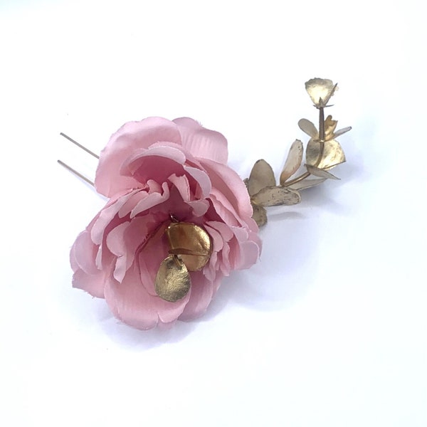 Simply Beautiful Dusky Dusty Rose Desert Pink with Old Gold Leaves Bridal Flower Hair Pin