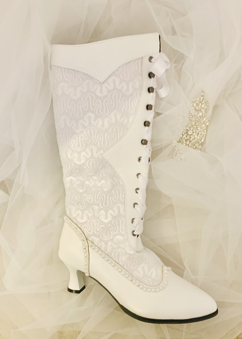 Simply Beautiful Ivory/White Lace Inset with Pearl and Diamante Victorian Vintage Bridal Boots image 3