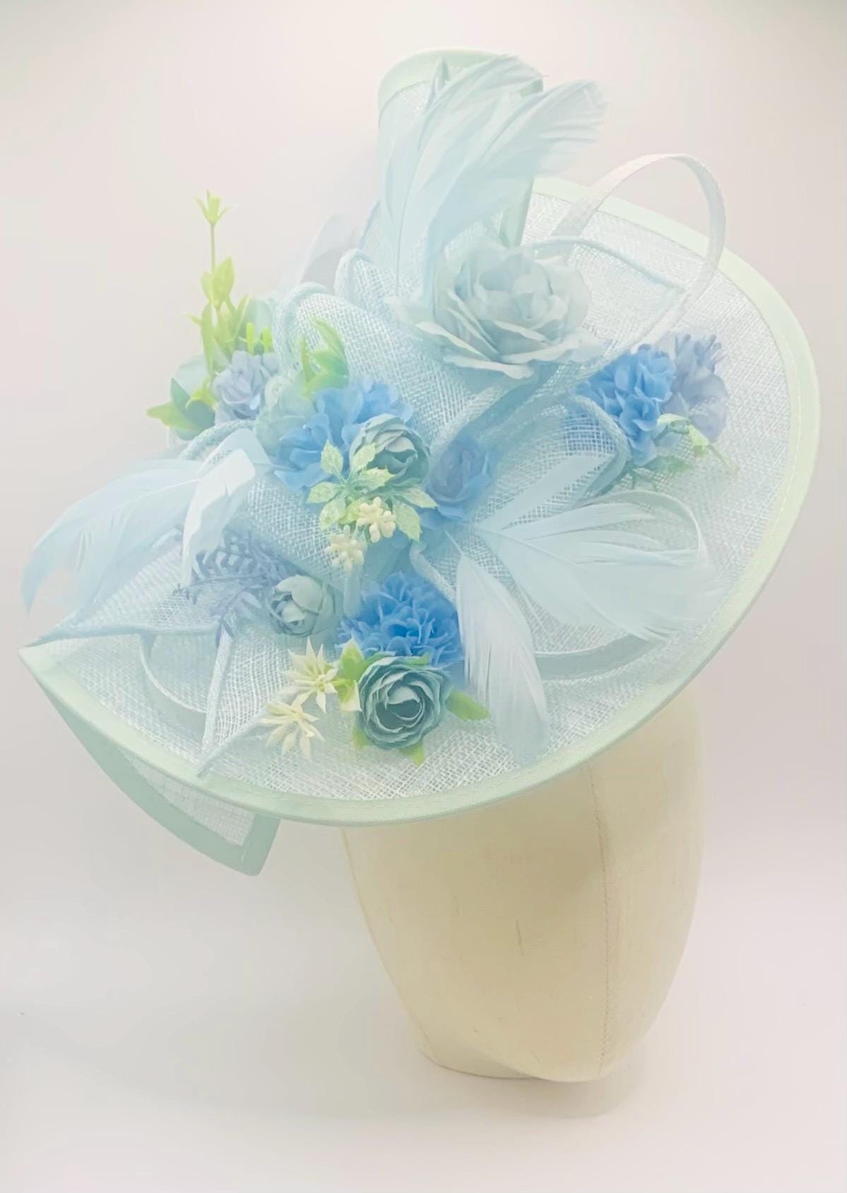 Mint Green Wedding Fascinator Hat: Cornflower Blue Floral - Main Image
