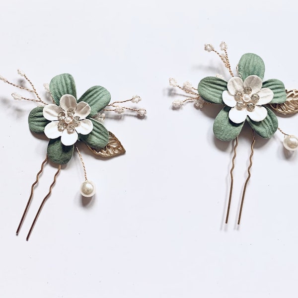 Beautiful Bridesmaid Soft Sage Green and Cream with Gold Pearl and Diamante Wedding Flower Hair Pin