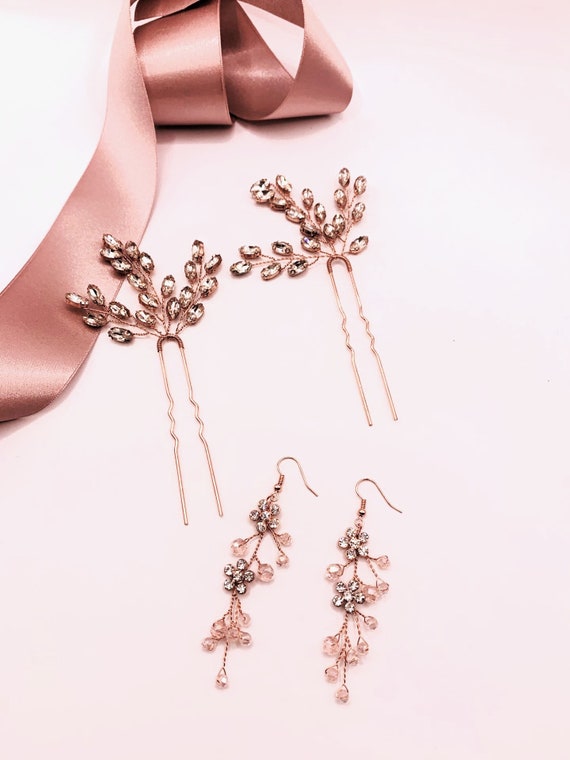 Rose Gold Diamante Hair Pins and Earrings: Wedding Hair  display picture 1