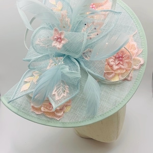 Mint Green Wedding Fascinator Derby Ascot Race Day Hat Pink Floral Feather Accents