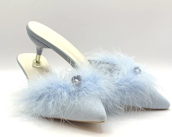 Simply Beautiful Fluffy Powder Blue with Pearl and Diamante Bridal Slippers