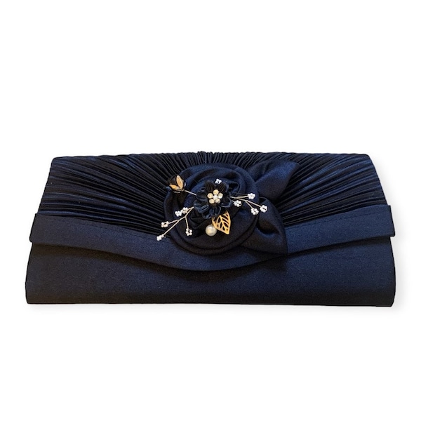 Stunning Bridal Wedding Satin Navy Blue Clutch Bag