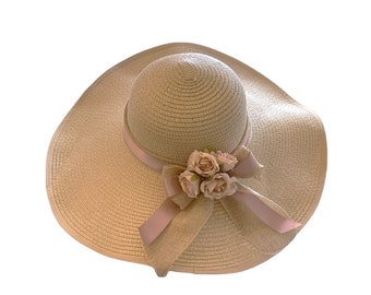 Beautiful Wedding Summer Straw Hat with Blush Dusty Dusky Pink Flowers and Ribbon