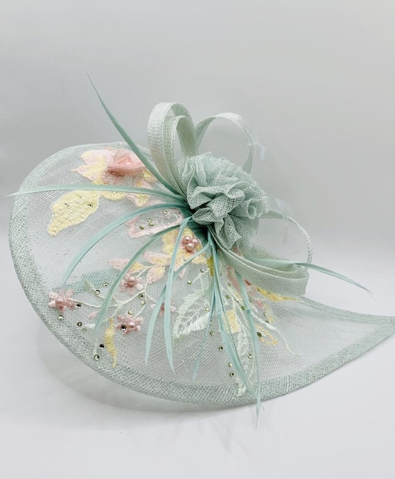 Chapeau bibi de mariage vert menthe rose et bleu canard