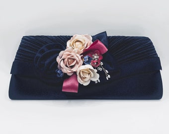 Stunning Bridal Wedding Satin Navy Blue with Blush Dusky Dusty Pink Flowers Clutch Bag
