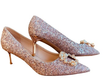 Beautiful Sparkling Rose Gold with Gold and Pearl Embellishment Bridal Wedding Shoes