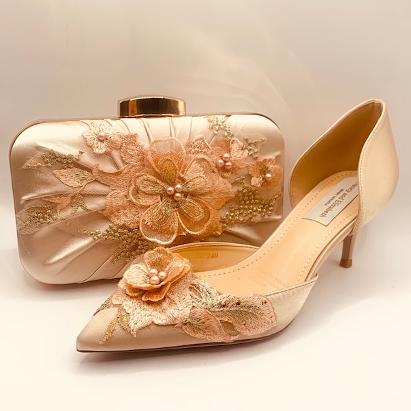 Stunning Hand Finished Champagne Peach and Soft Gold with Pearl Satin Bridal Wedding Shoes & Co-ordinating Clutch Bag