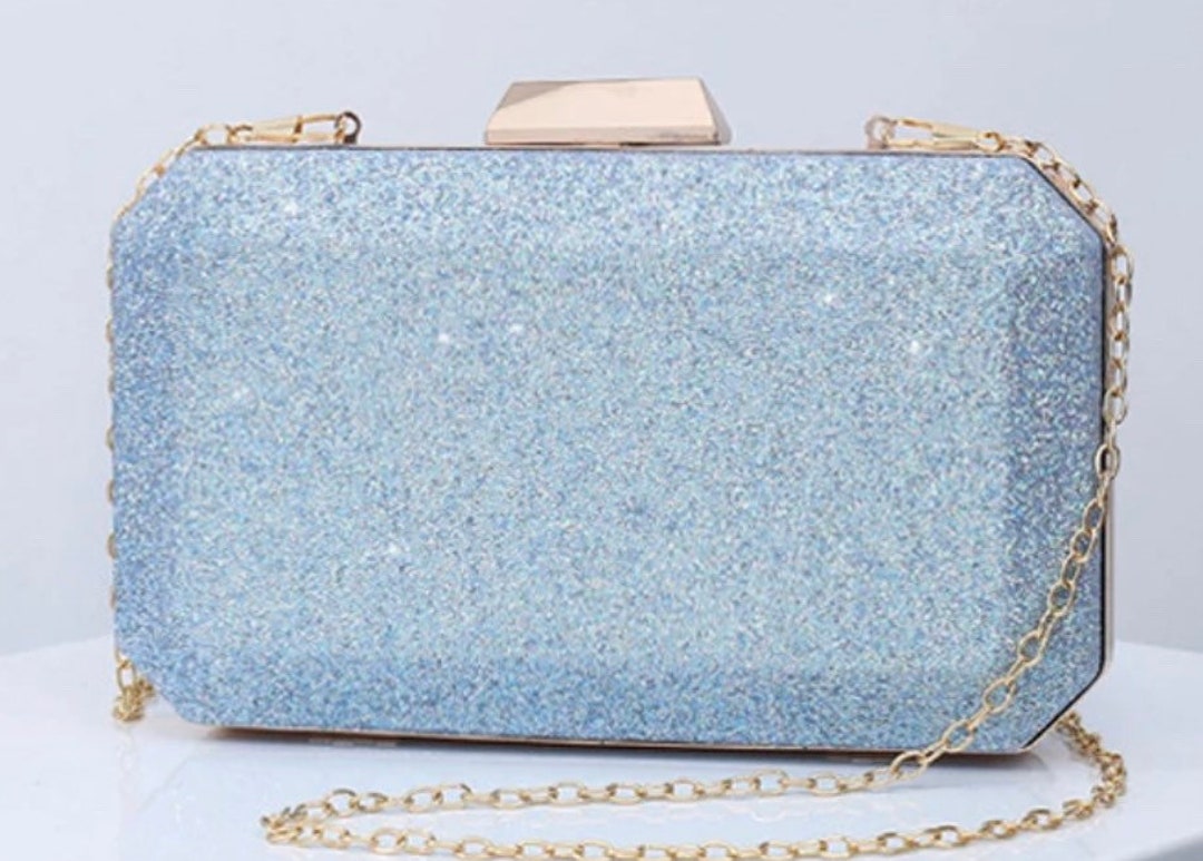 Stunning Soft Blue Glitter Clutch Bag With Gold Chain Strap Etsy