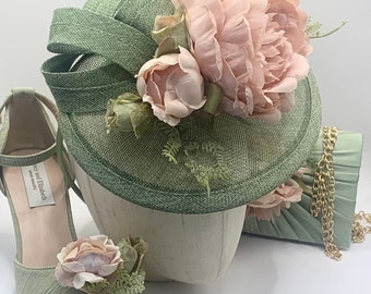 Sage Green Peony Wedding Fascinator Derby Ascot Race Day Hat with Shoes & Clutch